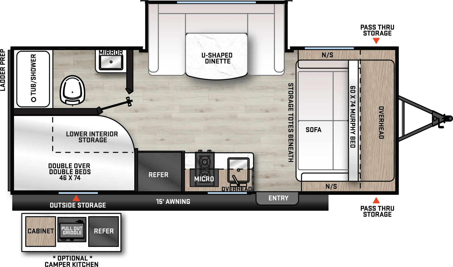 The Aurora 18BHS floorplan has one entry and one slide out. Exterior features include: metal exterior, 15' awning and outside kitchen. Interiors features include: bunk beds, u-dinette and murphy bed.